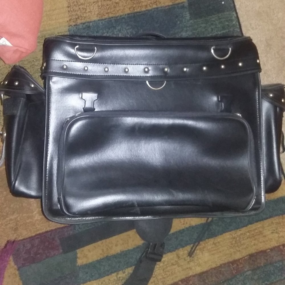 Motorcycle leather side bag black and silver tabs